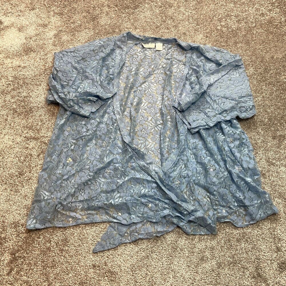 Lola P. Kimono Blouse Top Womens 4X Open Front Long Sleeve Lightweight Blue Lace